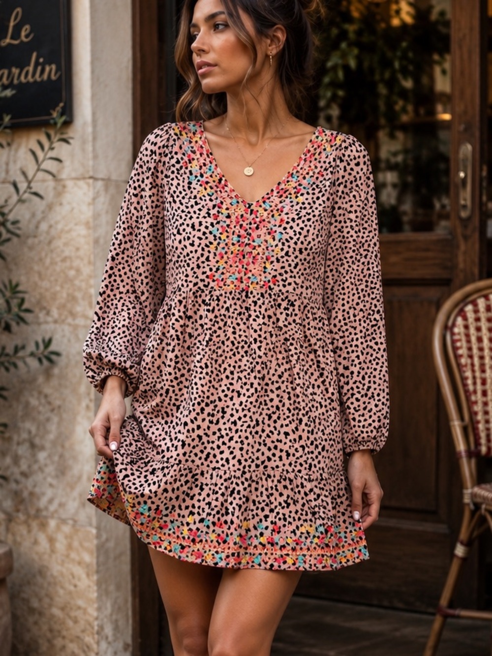 Savanna Jane Embroidered Leopard Print Babydoll Dress Boho Tunic Medium